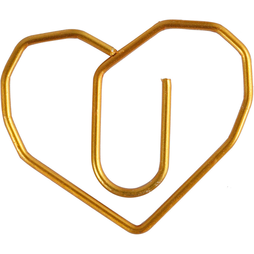Metal Paperclips, heart, size 30x20 mm, gold, 6 pc