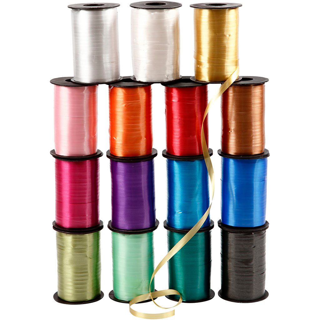 Curling Ribbon, W: 10 mm, glossy, assorted colours, 15x250 m