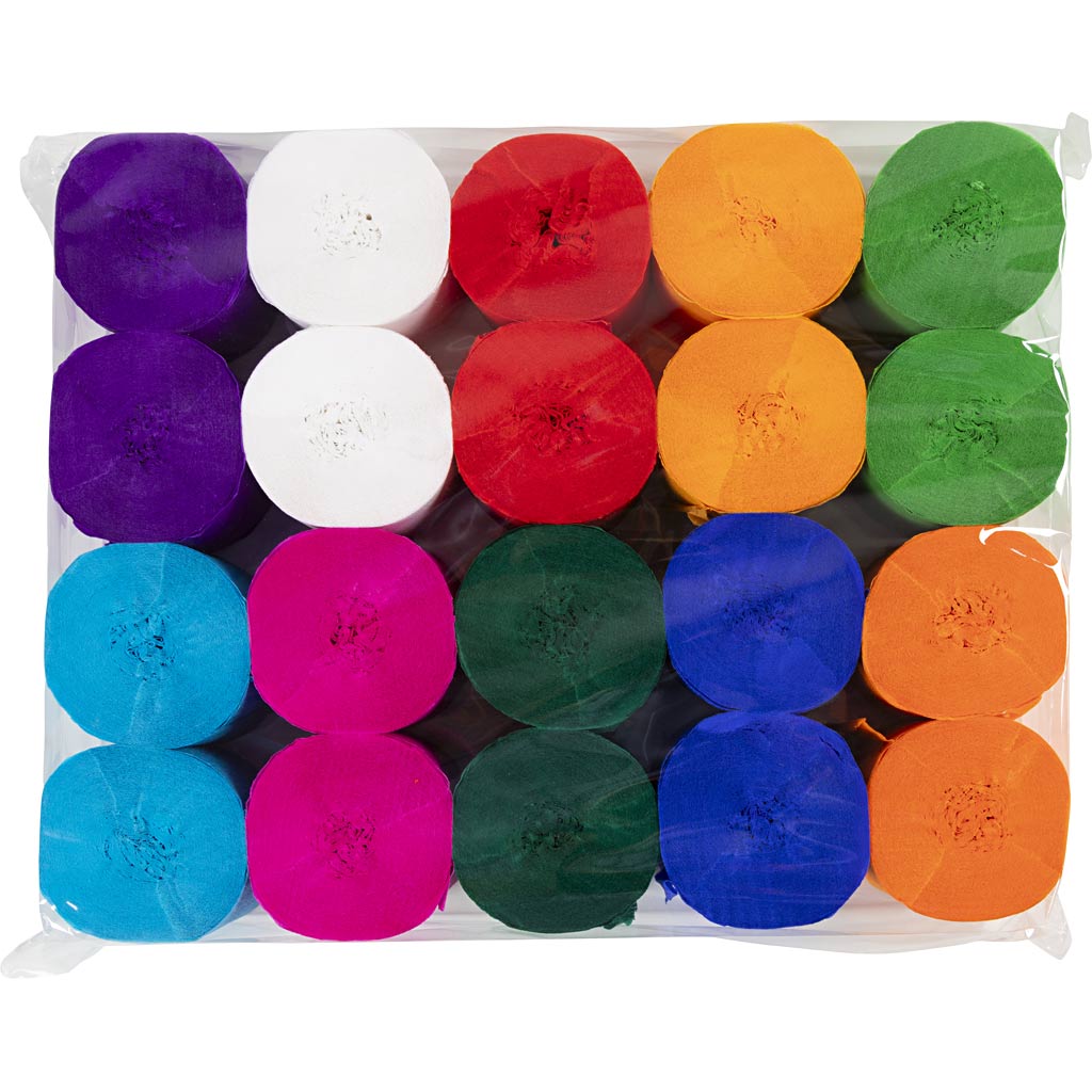 Crepe Paper Rolls, L: 20 M, W: 5 cm, 22 g, assorted colours, 20 roll