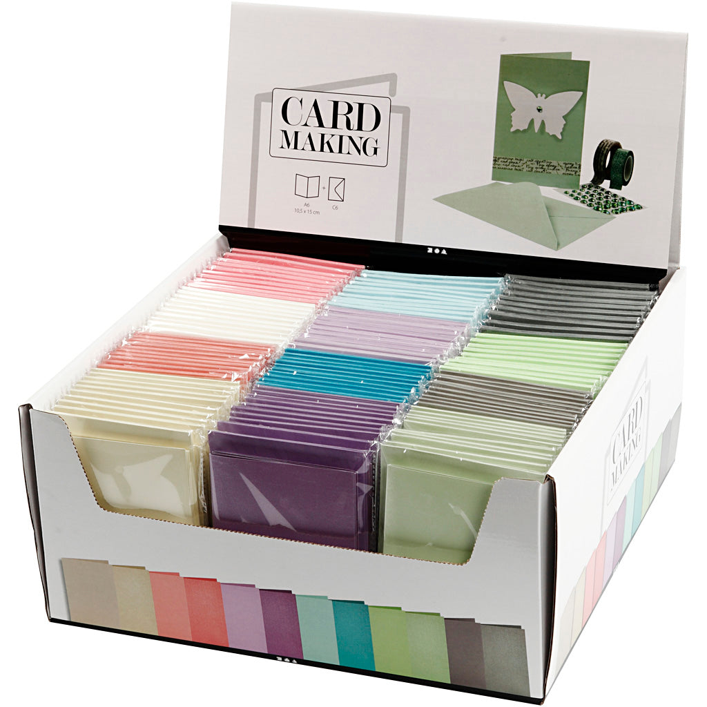 Cards and Envelopes, card size 10,5x15 cm, envelope size 11,5x16,5 cm, 120+210 g, assorted colours, 12x10 pack