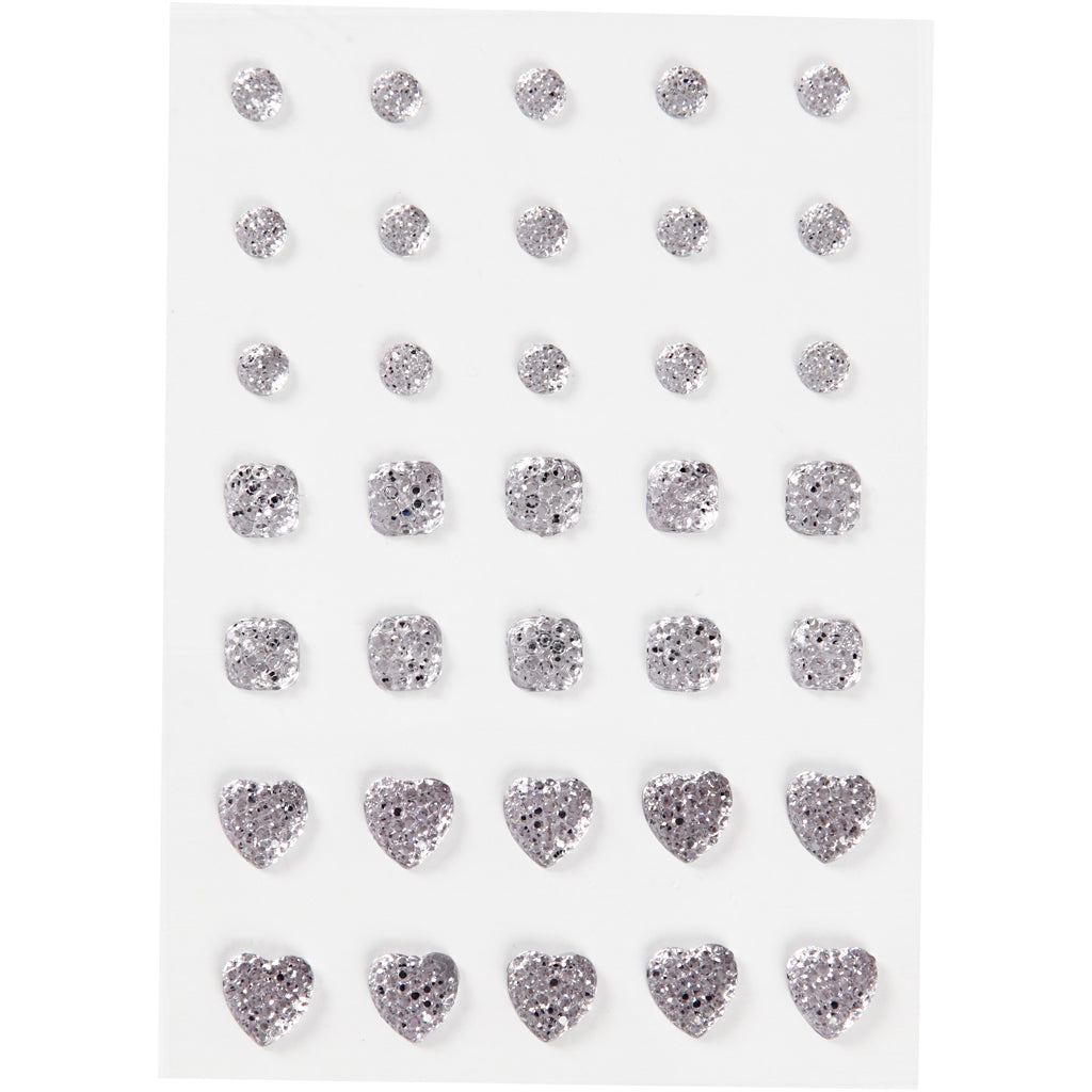 Rhinestones, round, square, heart, size 6+8+10 mm, silver, 35 pc