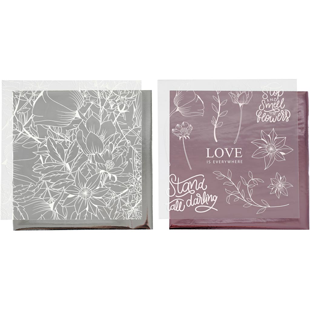 Deco Foil and transfer sheet, flowers, sheet 15x15 cm, rose, silver, 4 sheet