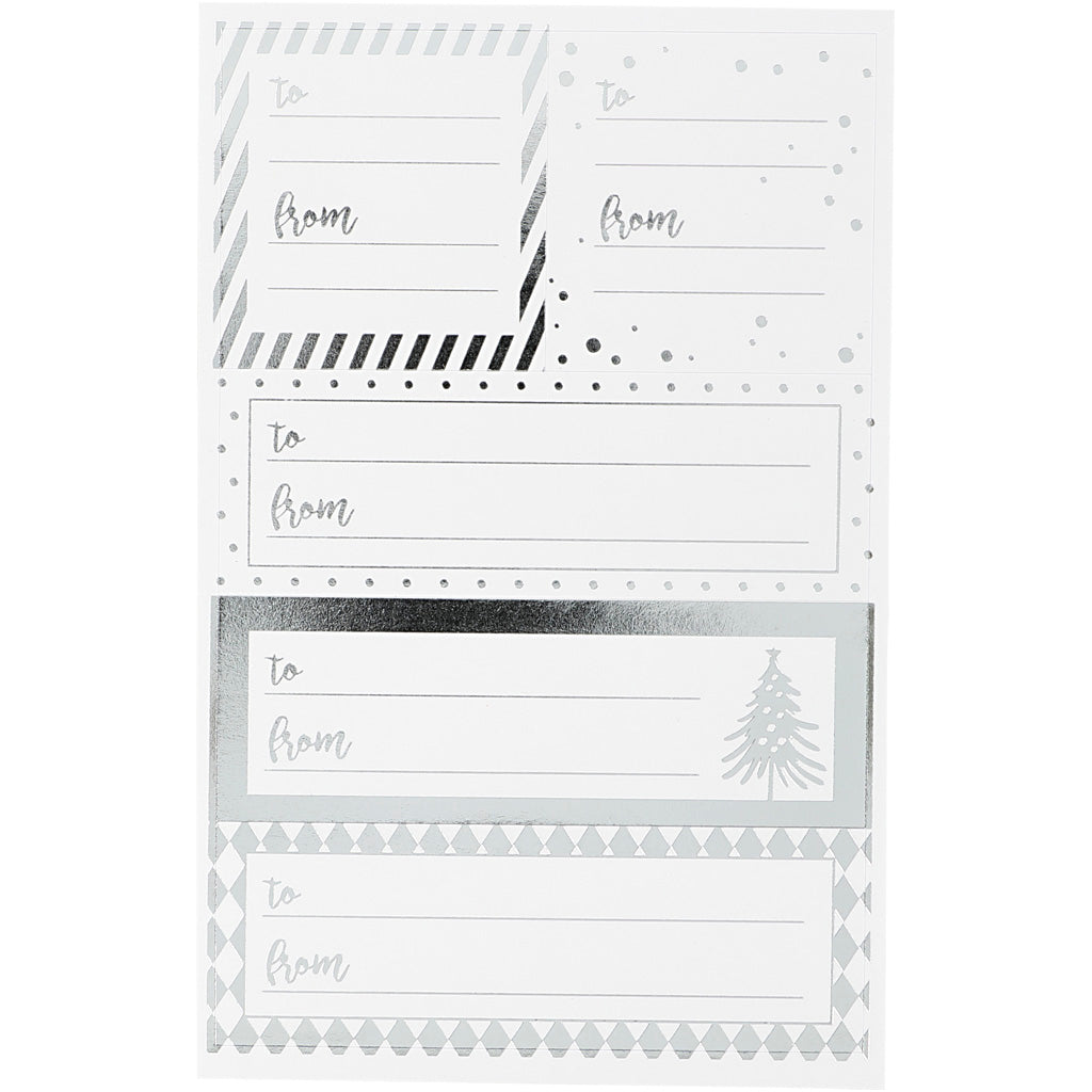 Stickers, sheet 9x14 cm, size 42x39+84x29 mm, silver, white, 4 sheet