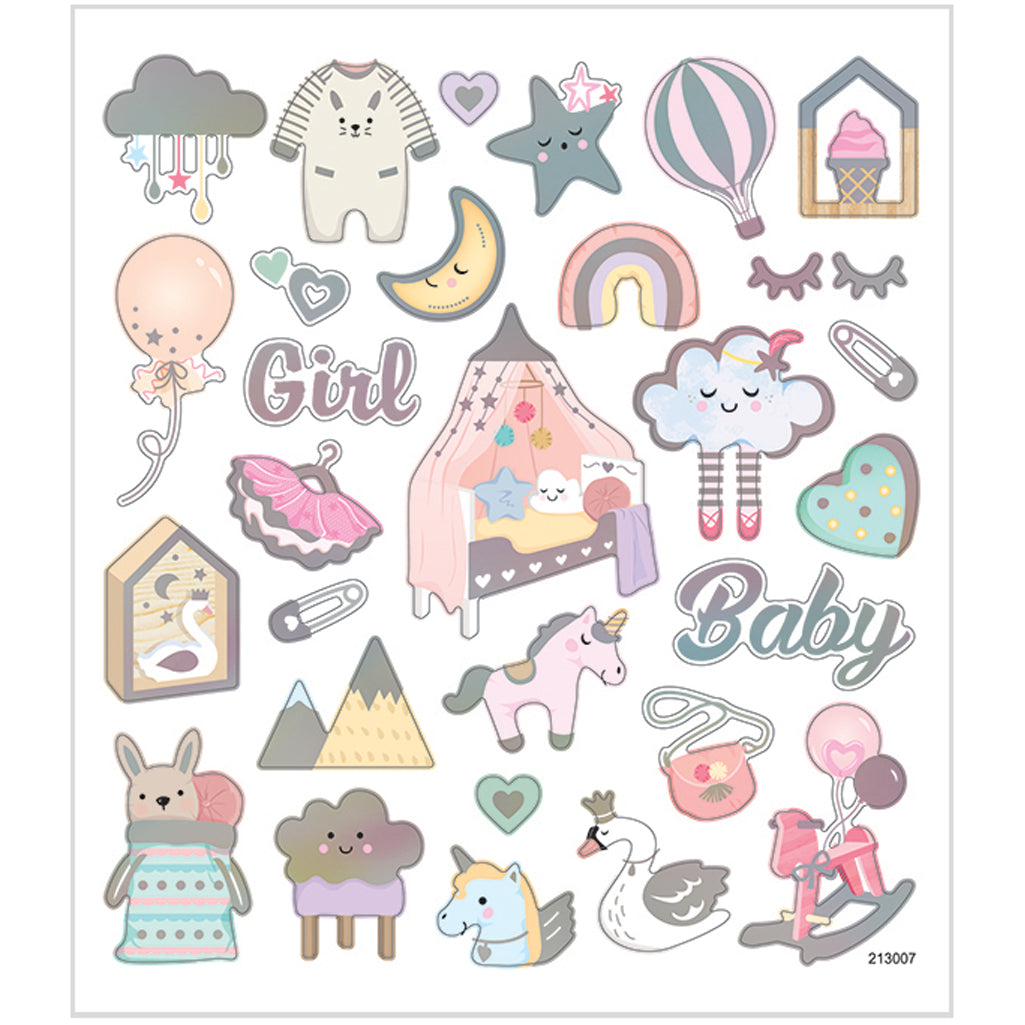 Stickers, baby girl, sheet 15x16,5 cm, ca. 30 pc, 1 sheet