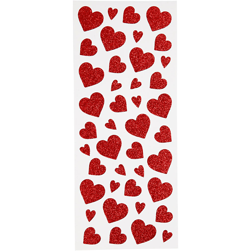 Glitter Stickers, hearts, sheet 10x24 cm, ca. 84 pc, red, 2 sheet