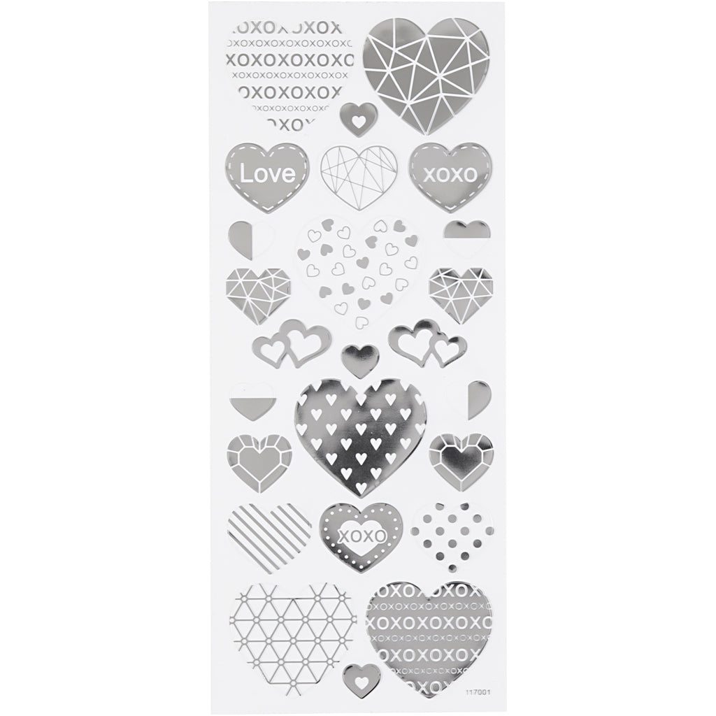 Stickers, hearts, sheet 10x24 cm, ca. 25 pc, silver, 1 sheet