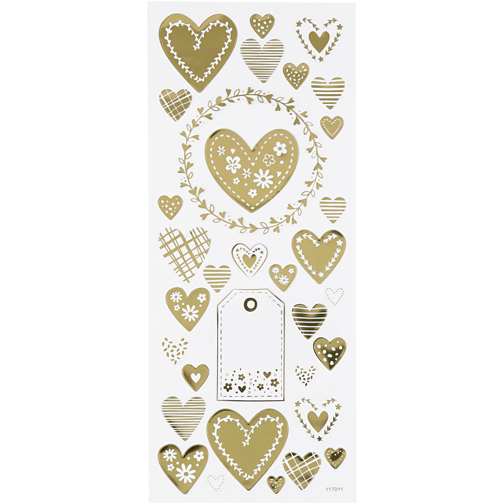 Stickers, hearts, sheet 10x24 cm, ca. 33 pc, gold, 1 sheet