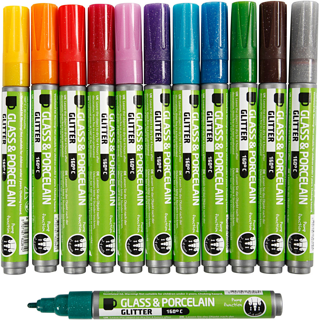 Glass & Porcelain Marker, line 2-4 mm, semi opaque, assorted colours, 12 pc