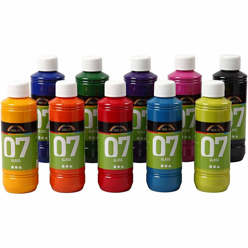 A-Color Glass Paint, assorted colours, 10x250 ml