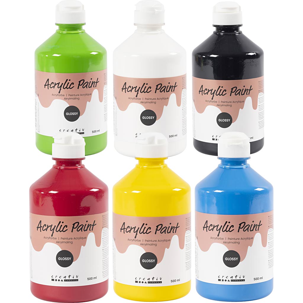 Acrylic Paint Glossy, primary colours, 6x500 ml