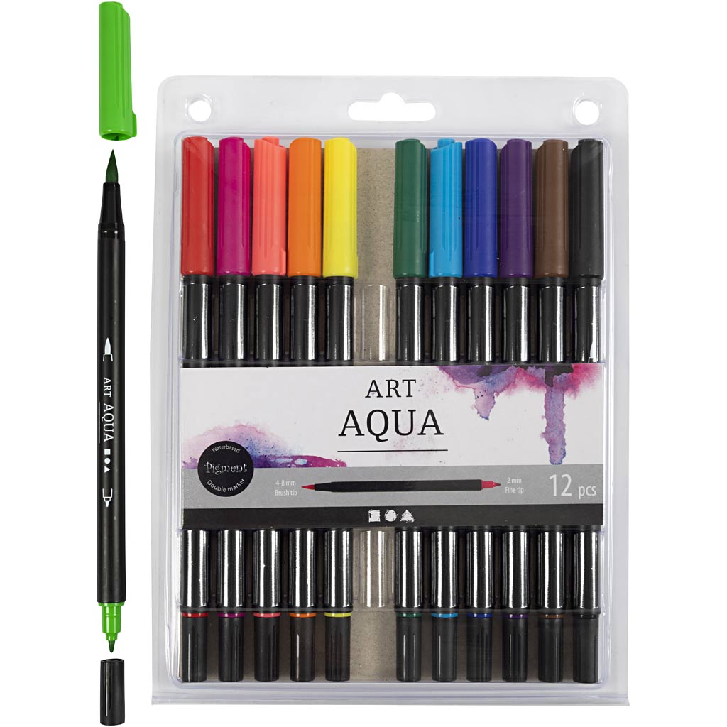 Watercolour Marker, line 2+4-8 mm, standard colours, 12 pc