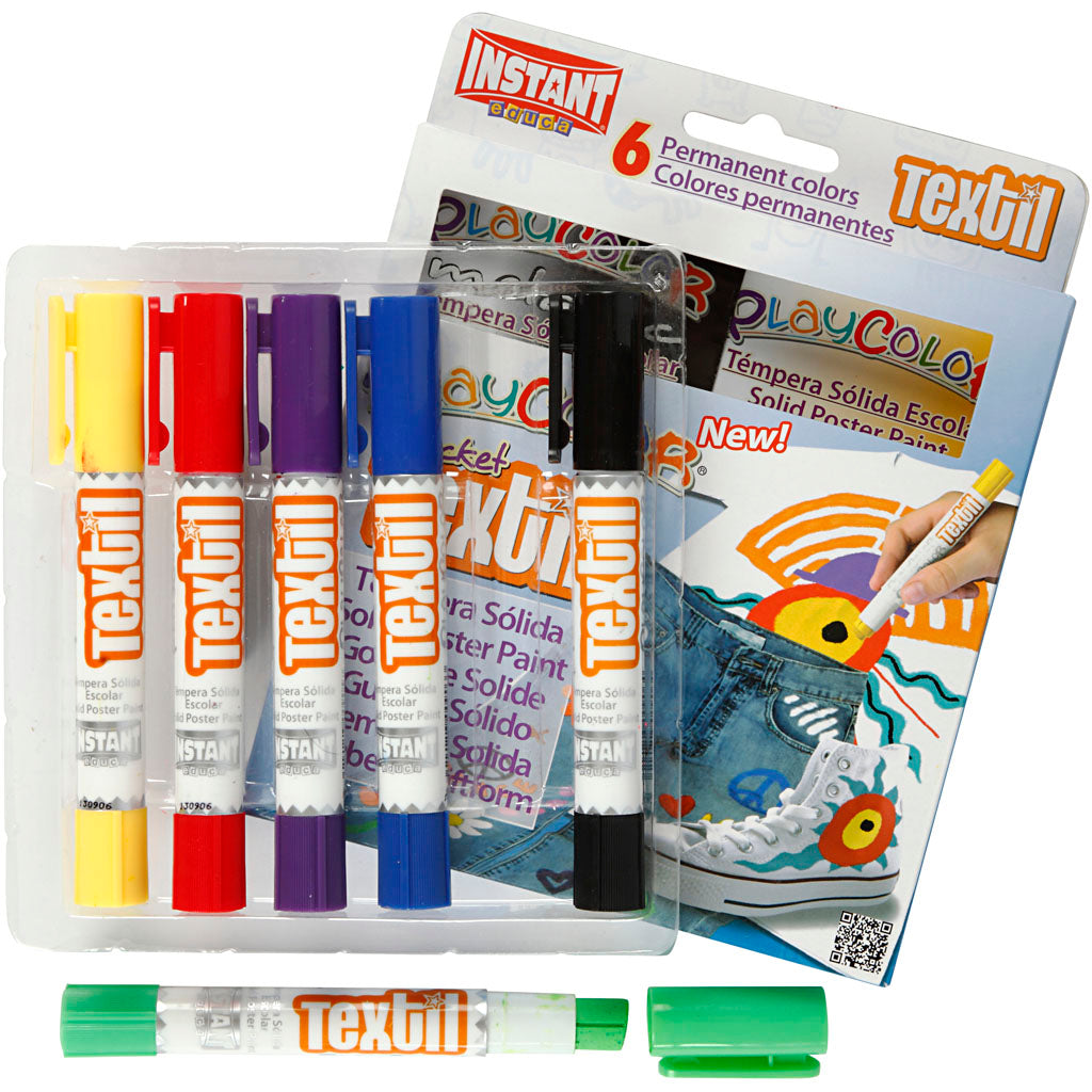 Playcolor Textile Marker, L: 14 cm, assorted colours, 5 g, 6 pc