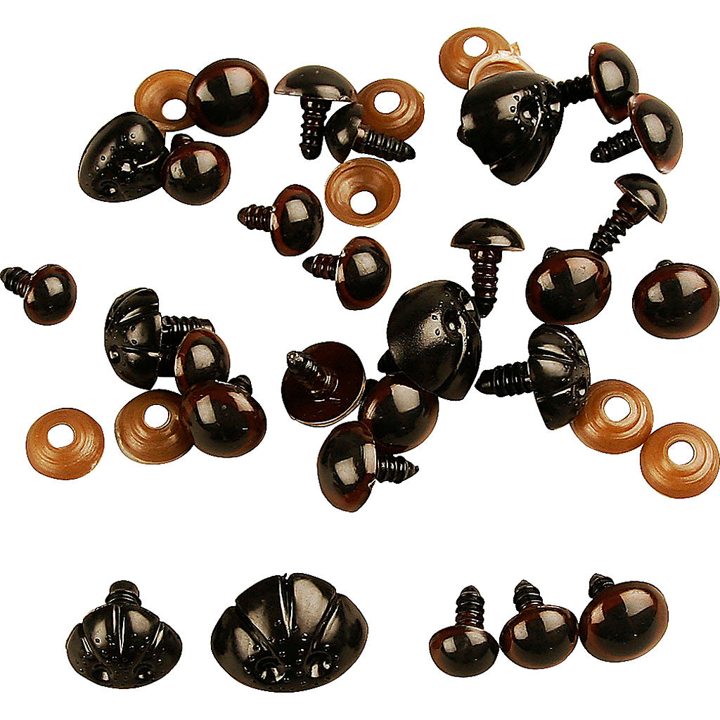 Teddy Bear Eyes & Noses, dia. 10+12,5+15 mm, size 15+25 mm, 12 asstd.