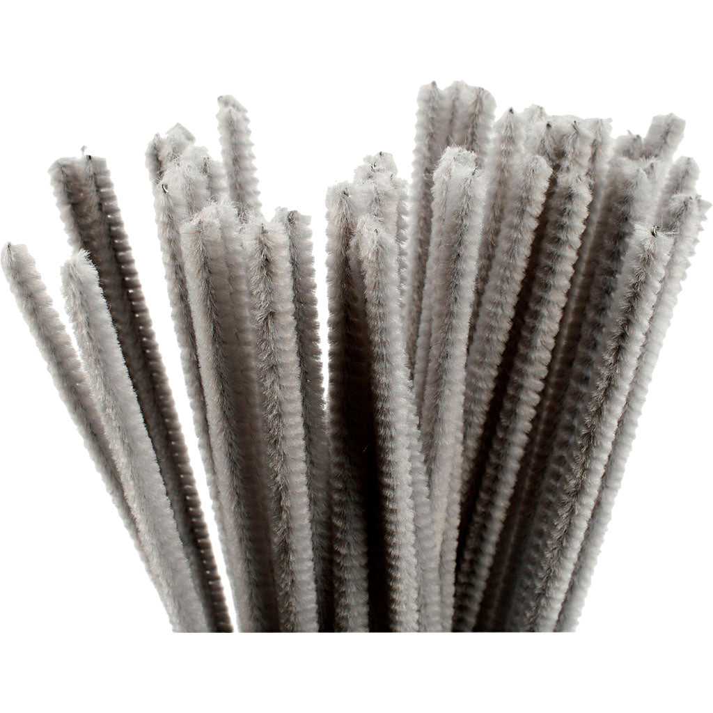 Chenille, L: 30 cm, thickness 6 mm, grey, 50 pc
