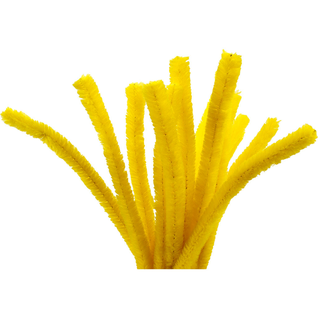 Chenille, L: 30 cm, thickness 15 mm, yellow, 15 pc