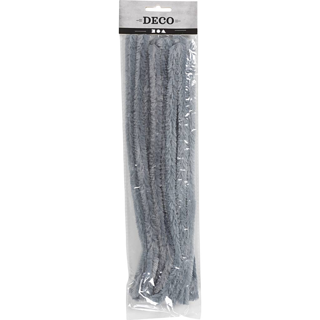 Chenille, L: 30 cm, thickness 15 mm, grey, 15 pc