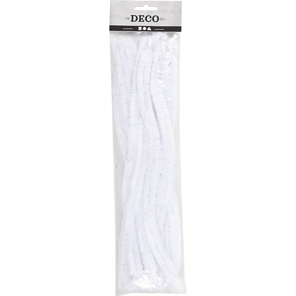 Chenille, L: 30 cm, thickness 15 mm, white, 15 pc