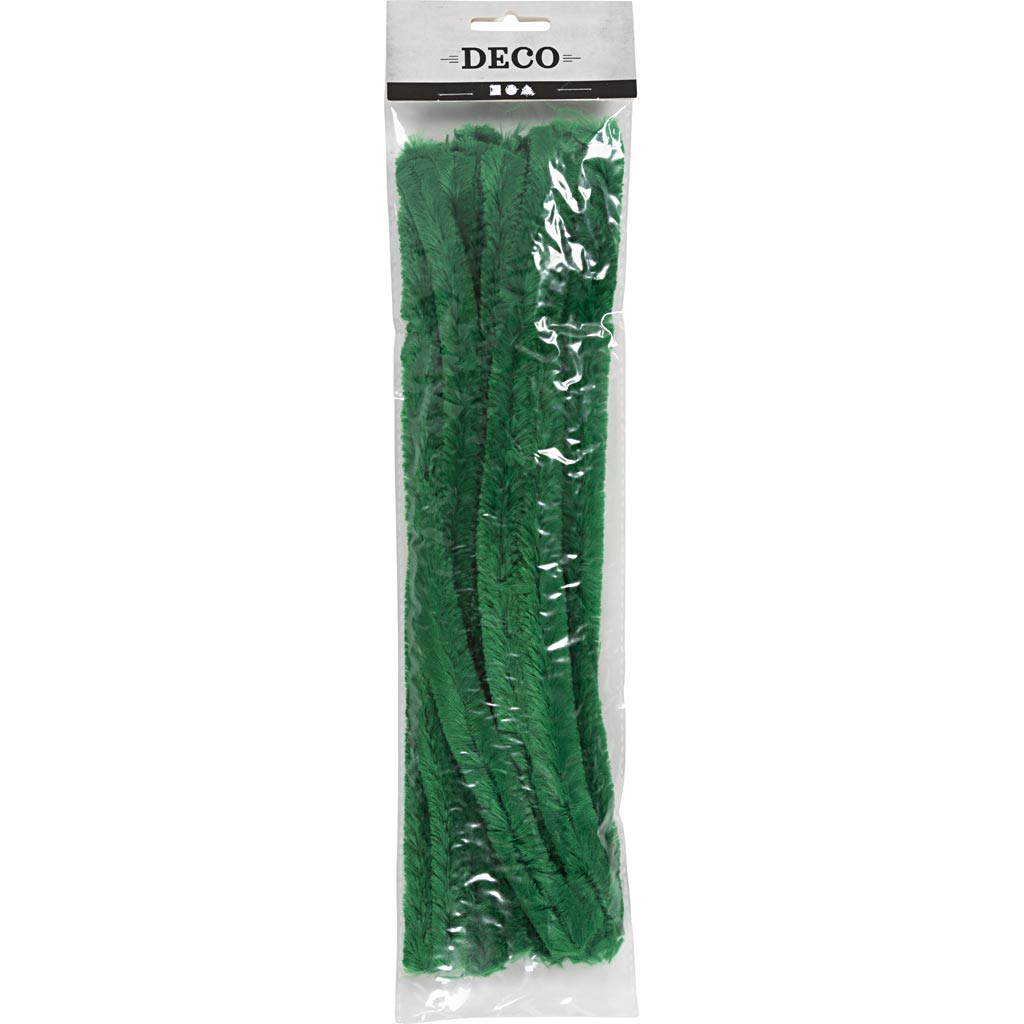 Chenille, L: 30 cm, thickness 15 mm, dark green, 15 pc