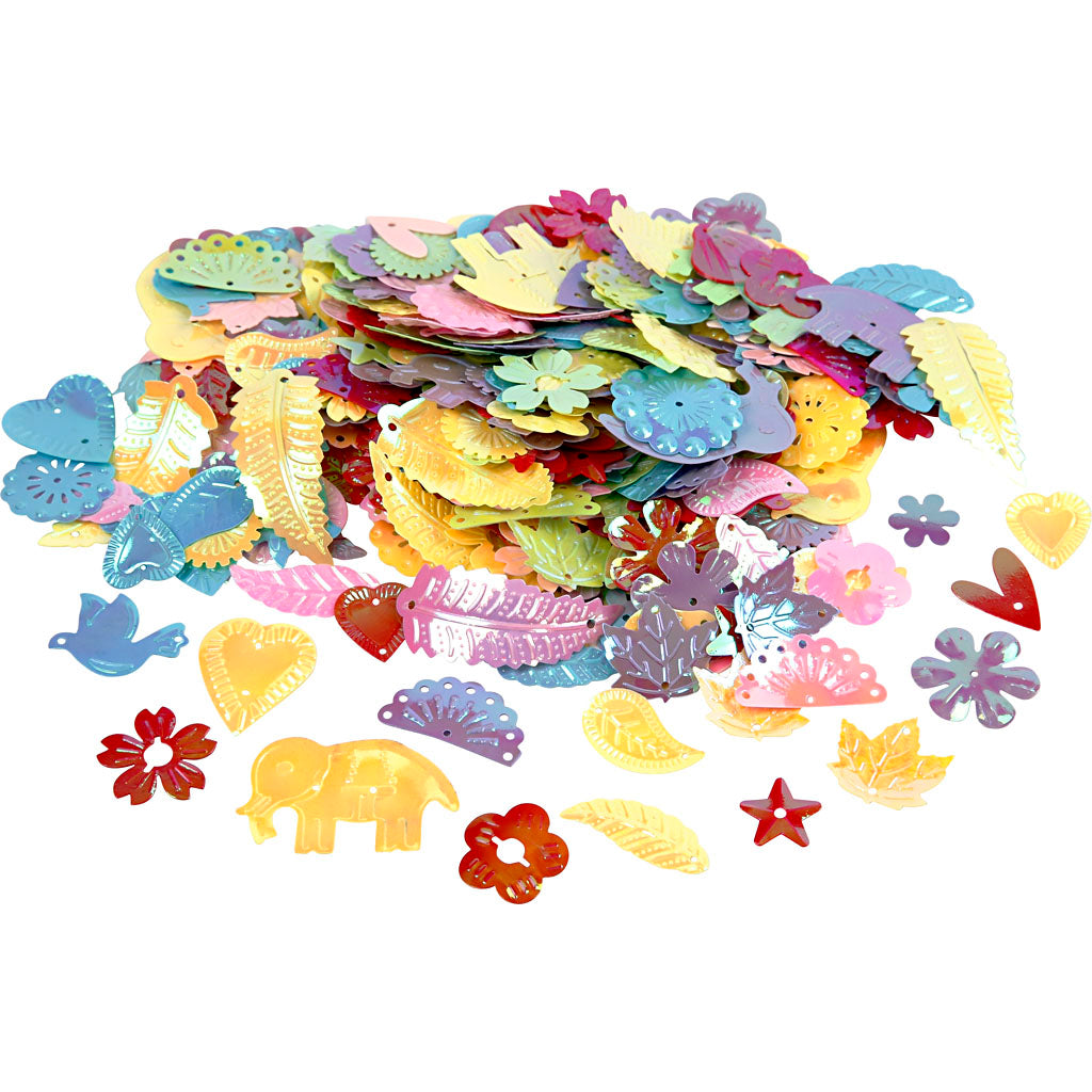 Sequins, size 15-45 mm, mother of pearl colours, 30 g