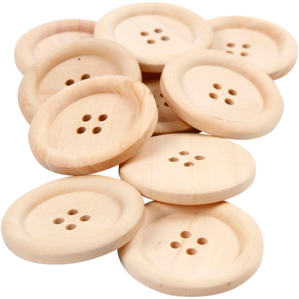 Wooden Buttons, dia. 35 mm, hole size 2 mm, 4 holes, 10 pc