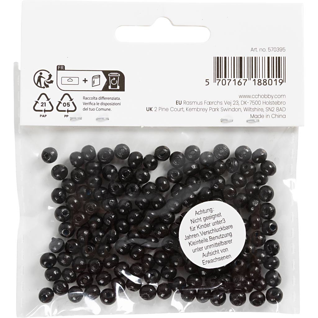 Wooden Beads, dia. 5 mm, hole size 1,5 mm, ca. 150 pc, black, 6 g