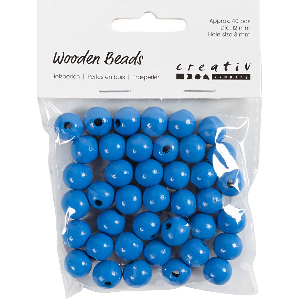 Wooden Beads, dia. 12 mm, hole size 3 mm, ca. 40 pc, blue, 22 g