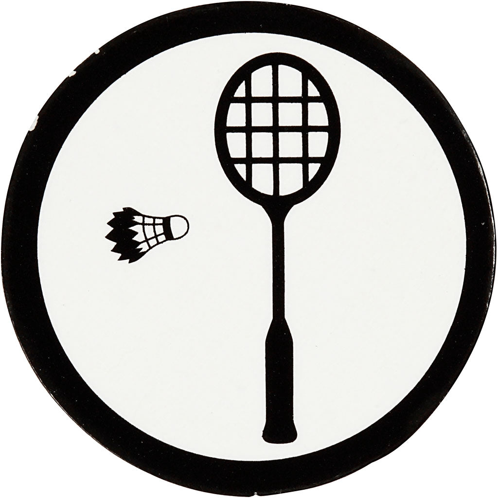 Cardboard Emblem, badminton racket, dia. 25 mm, white/black, 20 pc