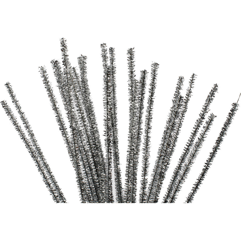 Pipe Cleaners, silver, L: 30 cm, thickness 6 mm, 24 pc