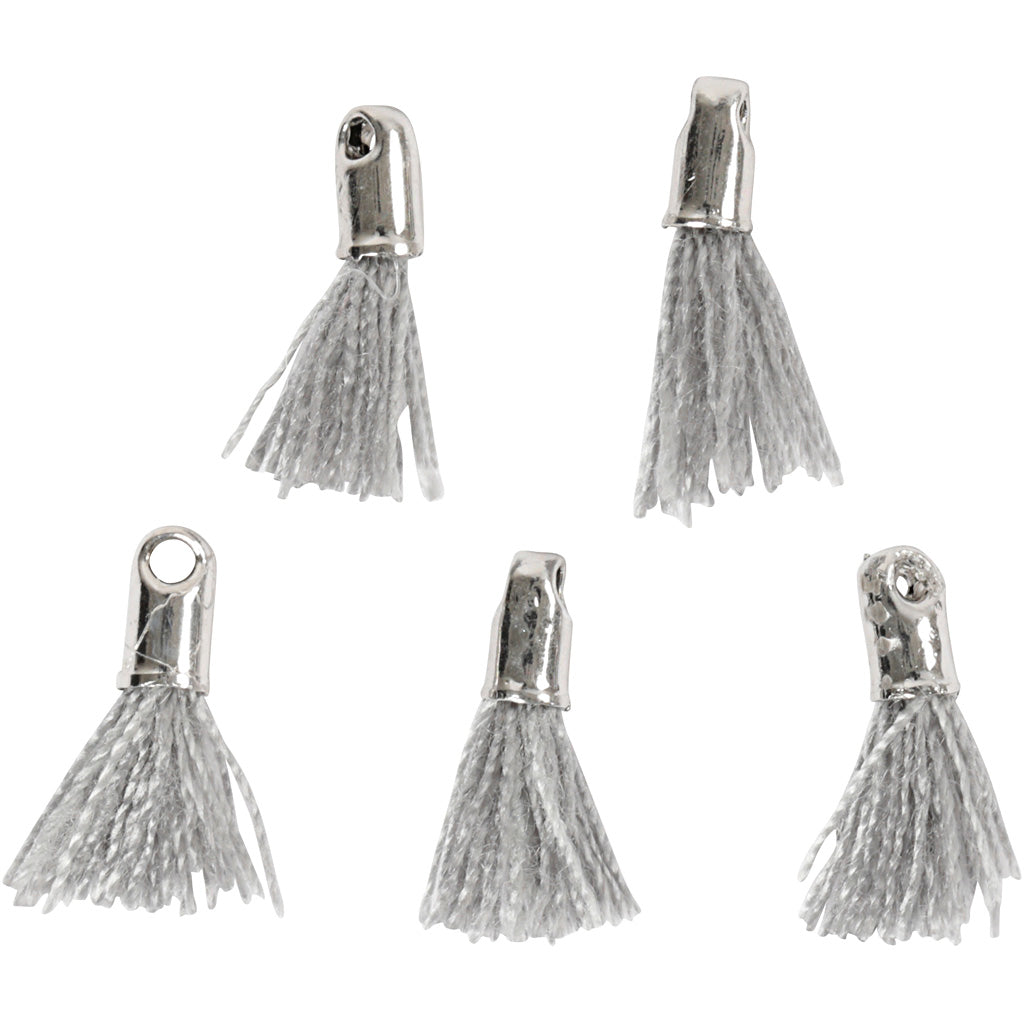Cotton Tassel, L: 10 mm, hole size 1 mm, grey, 5 pc