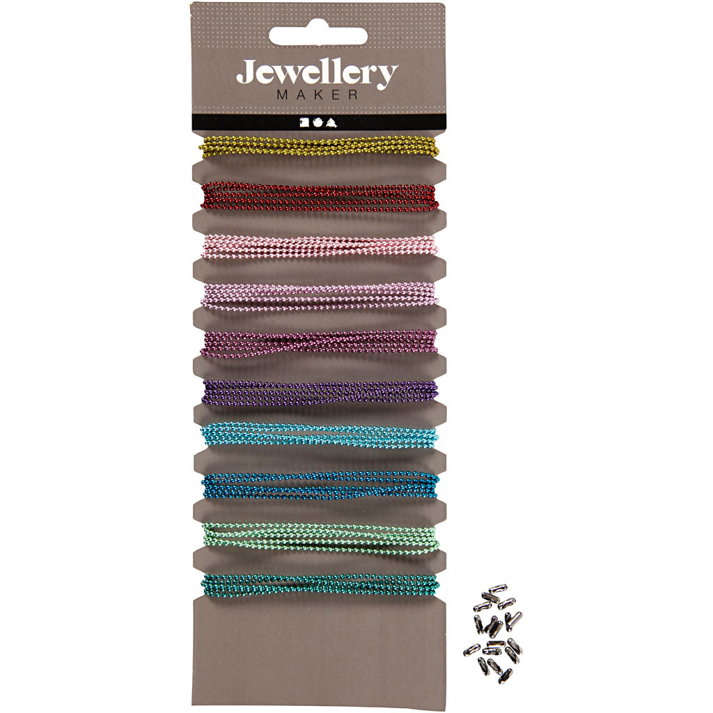 Coloured Bead Chains, dia. 1,5 mm, assorted colours, 10x80 cm