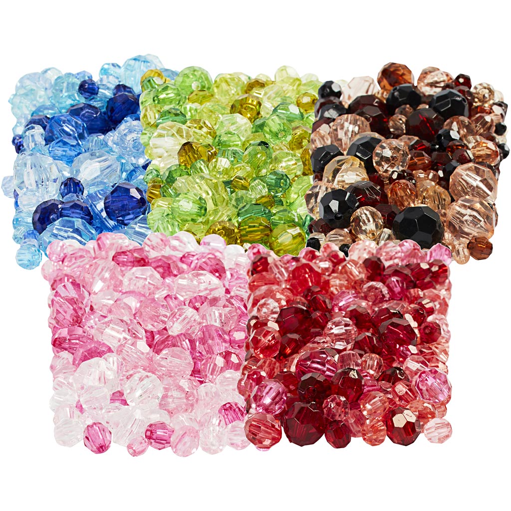Facet Beads, dia. 4-12 mm, hole size 1-2,5 mm, assorted colours, 7x250 g