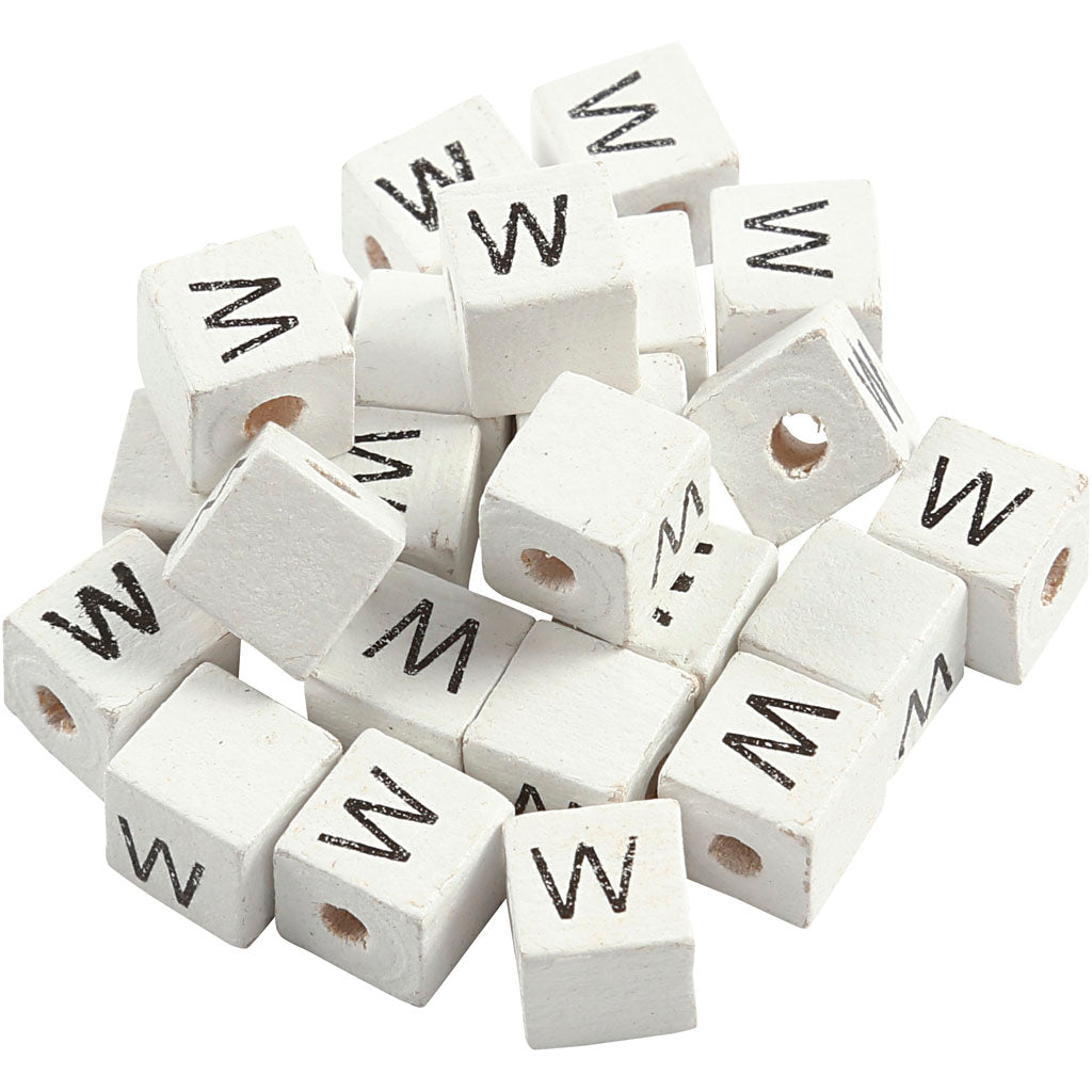 Letter Bead, W, size 8x8 mm, hole size 3 mm, white, 25 pc