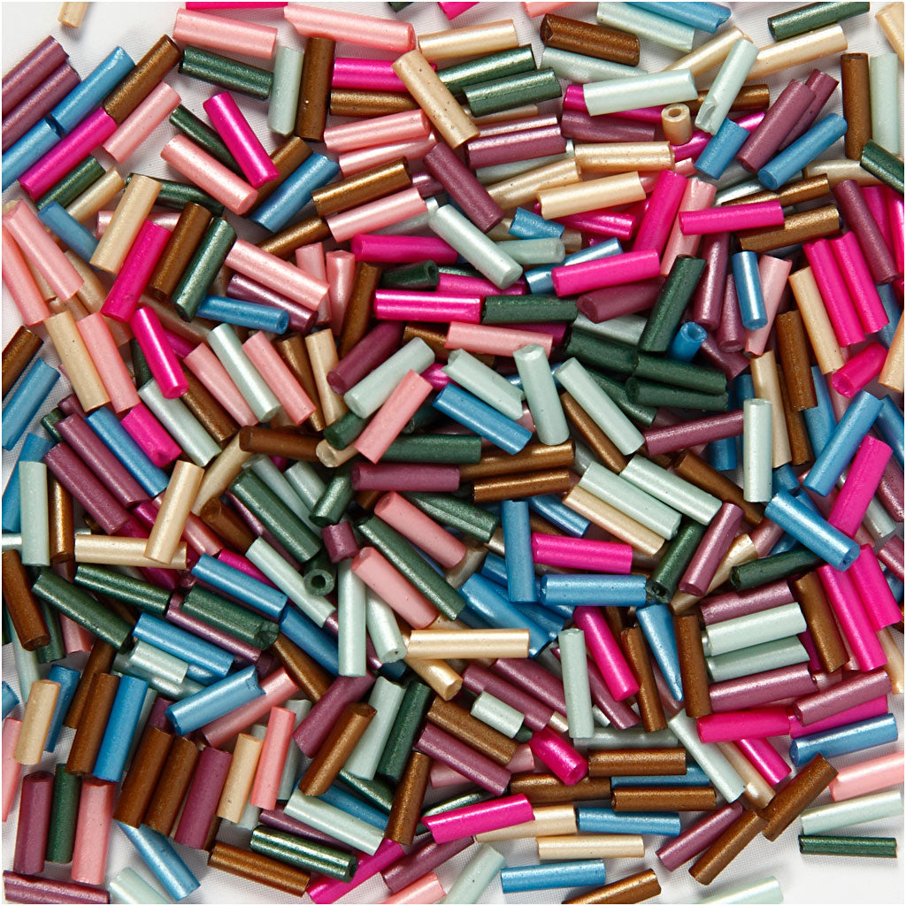 Bead Mix, L: 6 mm, dia. 1,5-2 mm, hole size 1 mm, metallic colours, 130 g