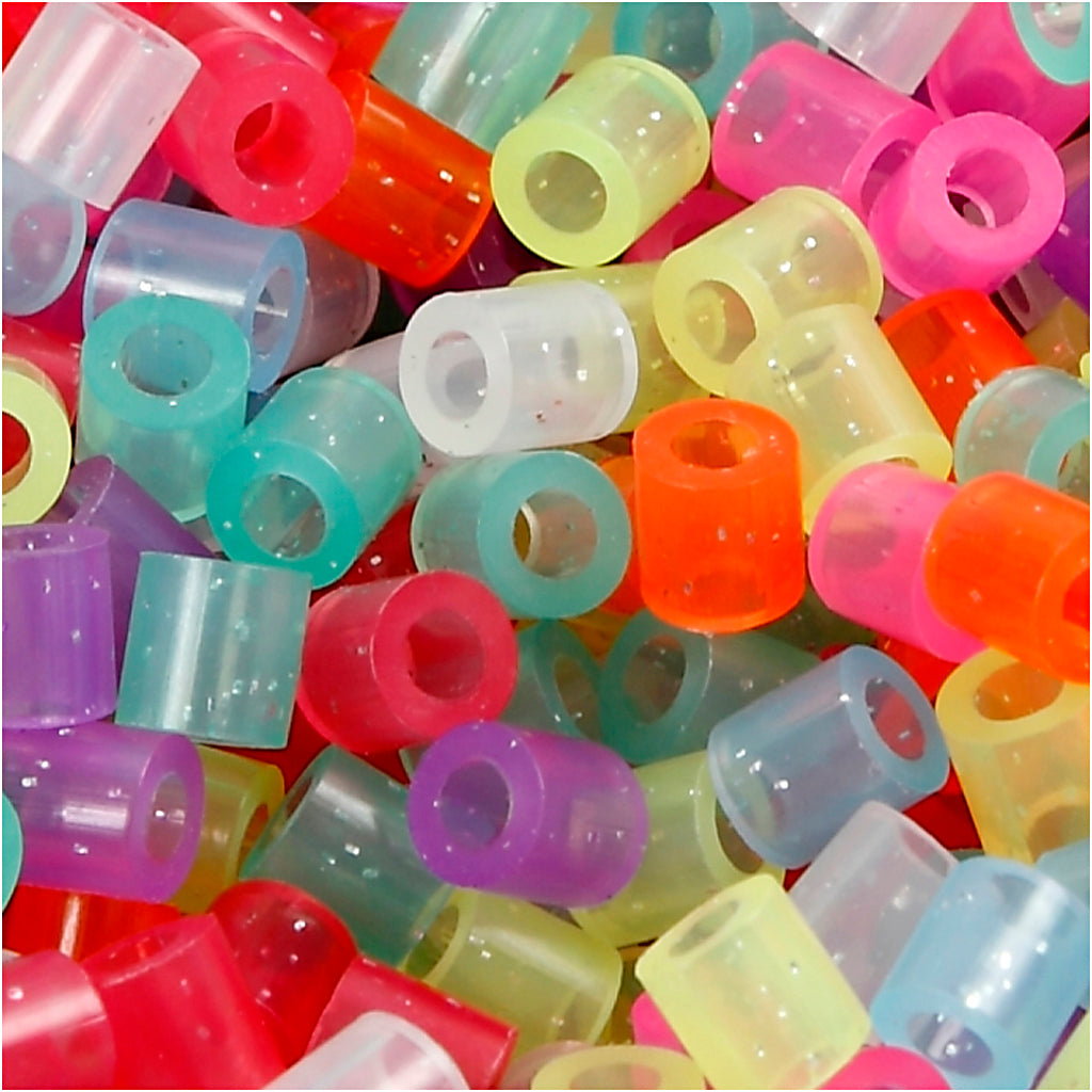 Fuse Beads, size 5x5 mm, hole size 2,5 mm, medium, glitter colours, 5000 asstd./ 1 bucket