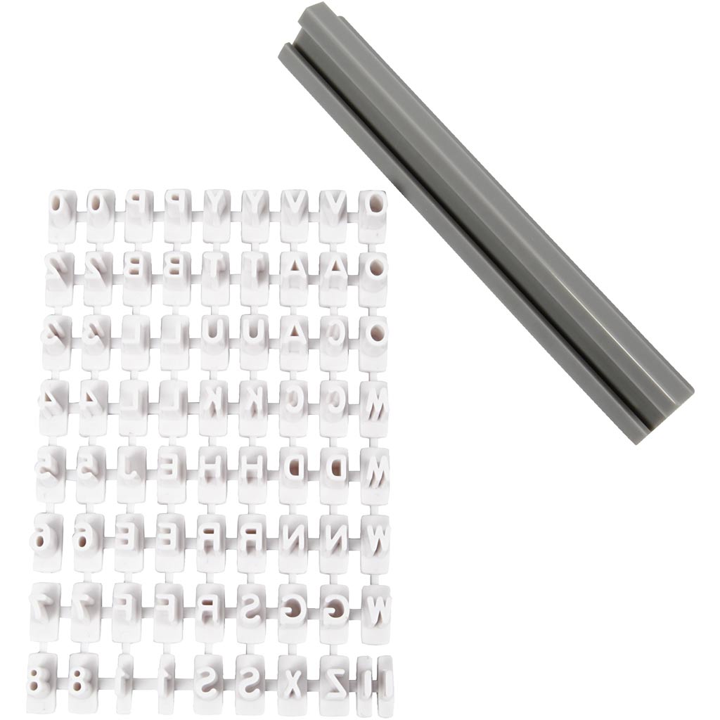 Rubber stamps set, letters, numbers, H: 6 mm, white