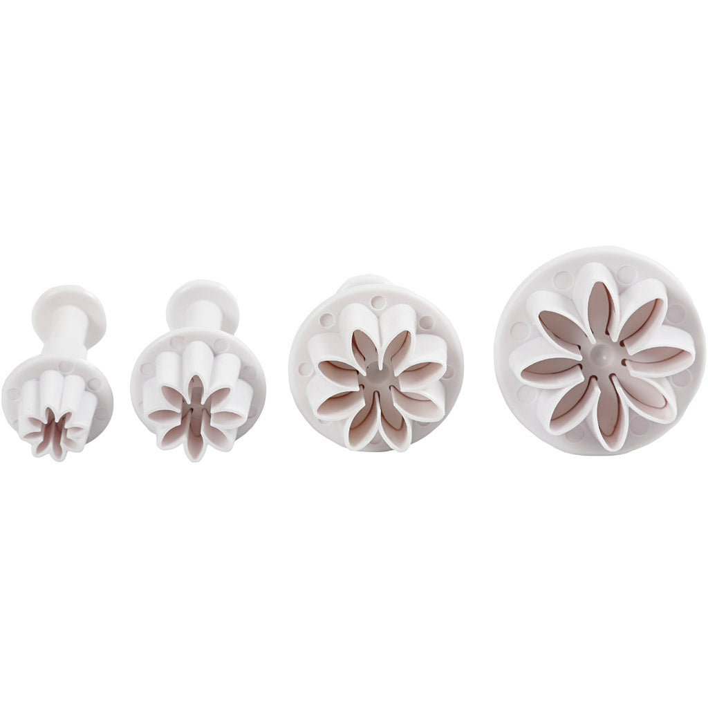 Embossing Cookie Cutters, flower, dia. 2,3+2,8+3,6+4,4 cm, white, 4 pc