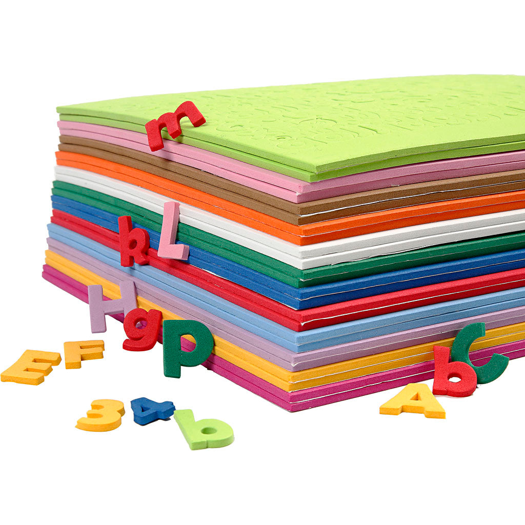 Foam Stickers Letters & Numbers, Numbers and letters, H: 20 mm, thickness 3 mm, assorted colours, 24 ass sheets