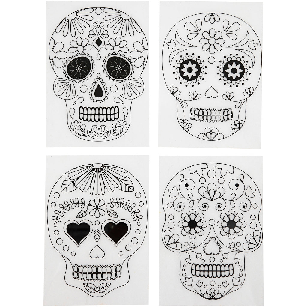 Shrink plastic sheets with motifs, Skulls, sheet 10,5x14,5 cm, thickness 0,3 mm, matt transparent, 4 sheet