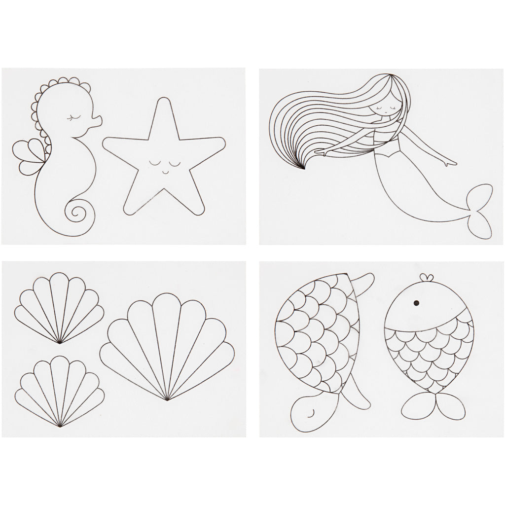Shrink plastic sheets with motifs, mermaid, sheet 10,5x14,5 cm, thickness 0,3 mm, matt transparent, 4 sheet