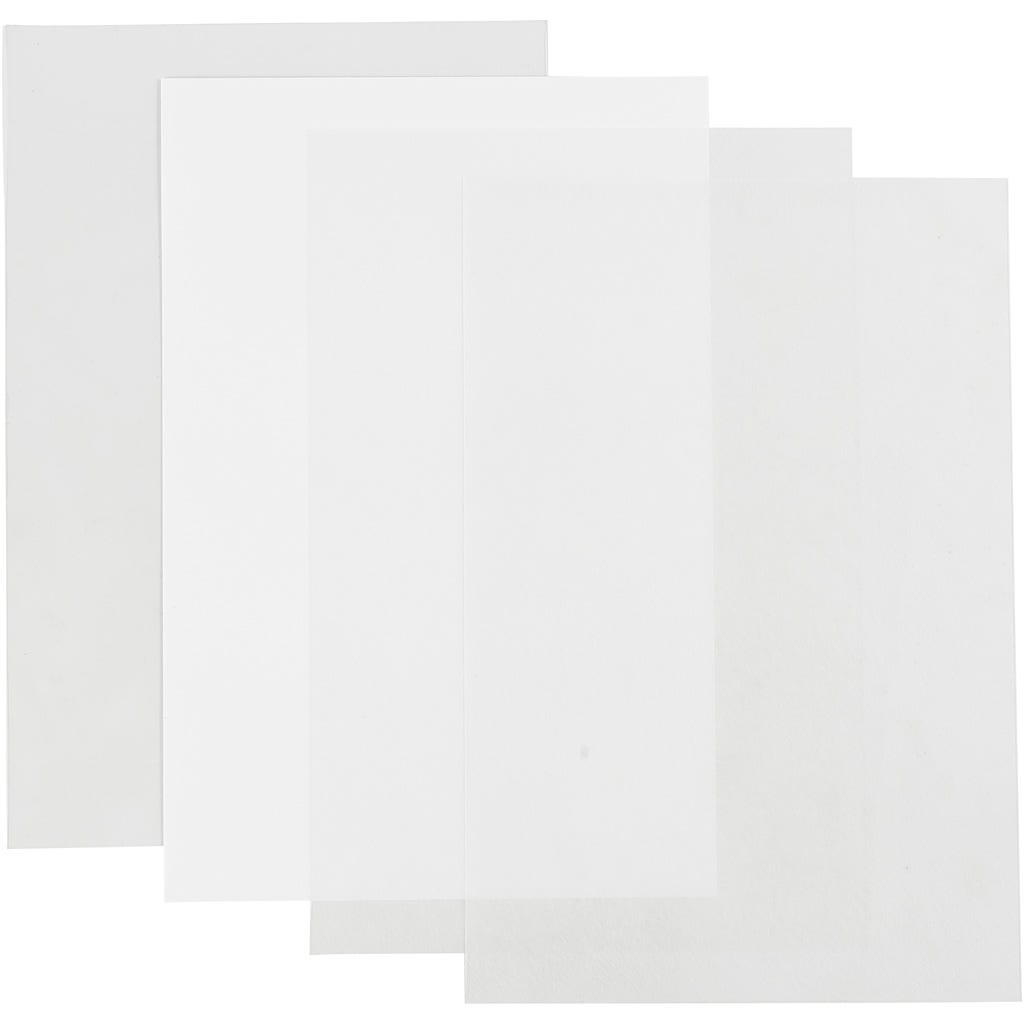 Shrink Plastic Sheets, sheet 20x30 cm, thickness 0,3 mm, gloss transparent, matt transparent, matt white, 4 sheet