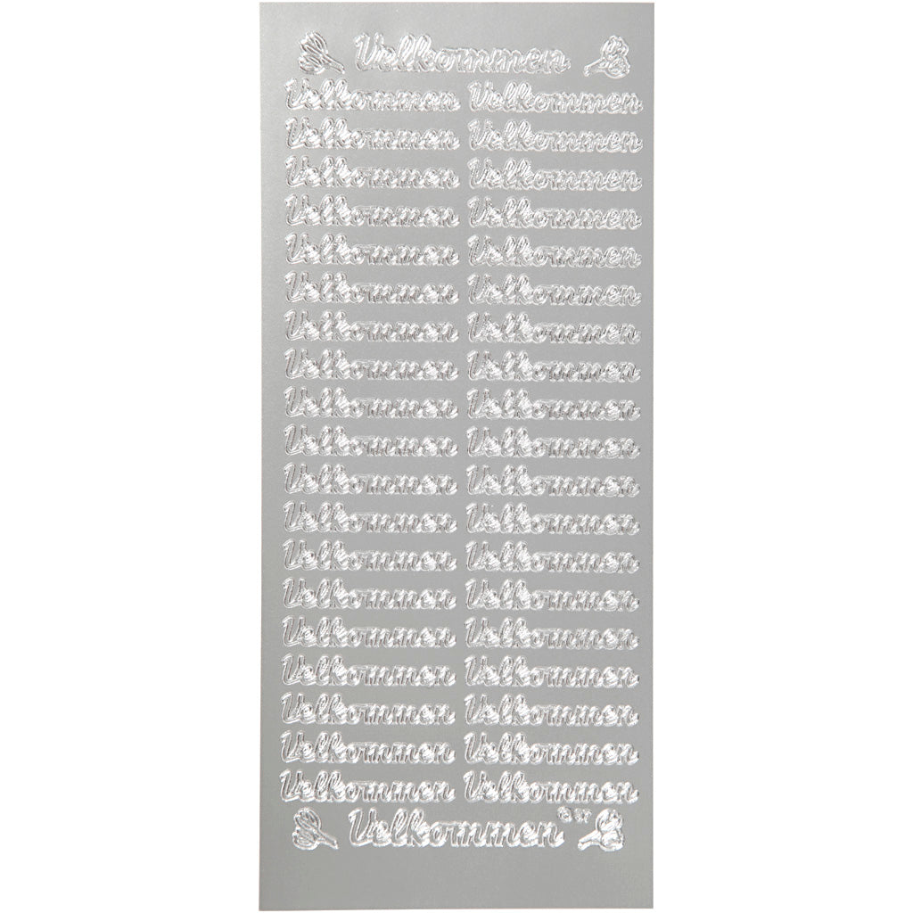 Stickers, velkommen, ark 10x23 cm, silver, 1 ark [HOB-170262]