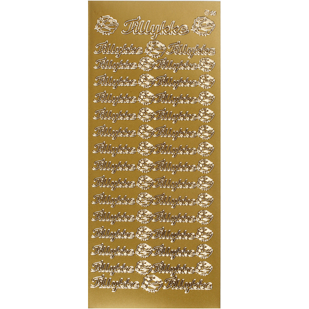 Stickers, tillykke, ark 10x23 cm, guld, 1 ark [HOB-170271]