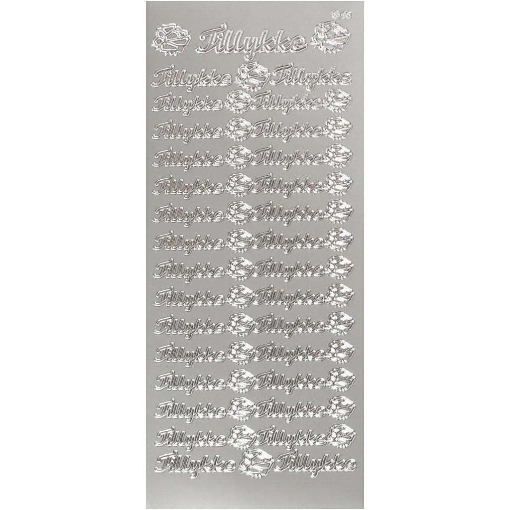 Stickers, tillykke, ark 10x23 cm, silver, 1 ark [HOB-170272]