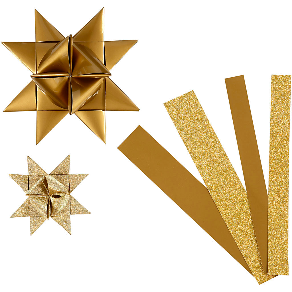 Paper Star Strips, L: 44+78 cm, W: 15+25 mm, dia. 6,5+11,5 cm, glitter,varnish, gold, 40 strips