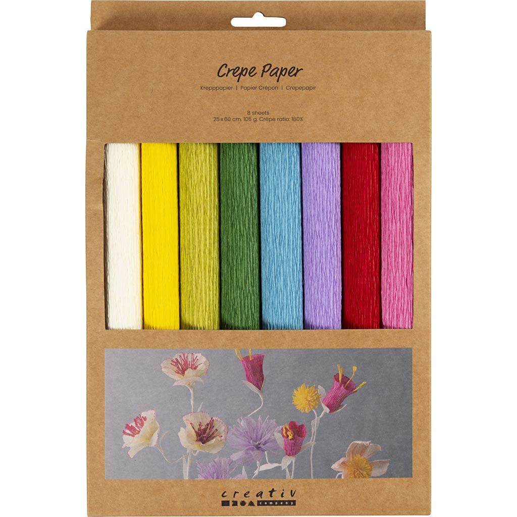 Kräppapper, ark 25x60 cm, Stretchbarhet: 180%, 105 g, standardfärger, 8 ark/ 1 förp. [HOB-209003]
