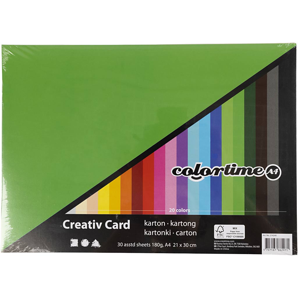 Creativ Kartong, A4, ark 210x297 mm, 180 g, mixade färger, 30 mix. ark/ 1 förp. [HOB-214240]