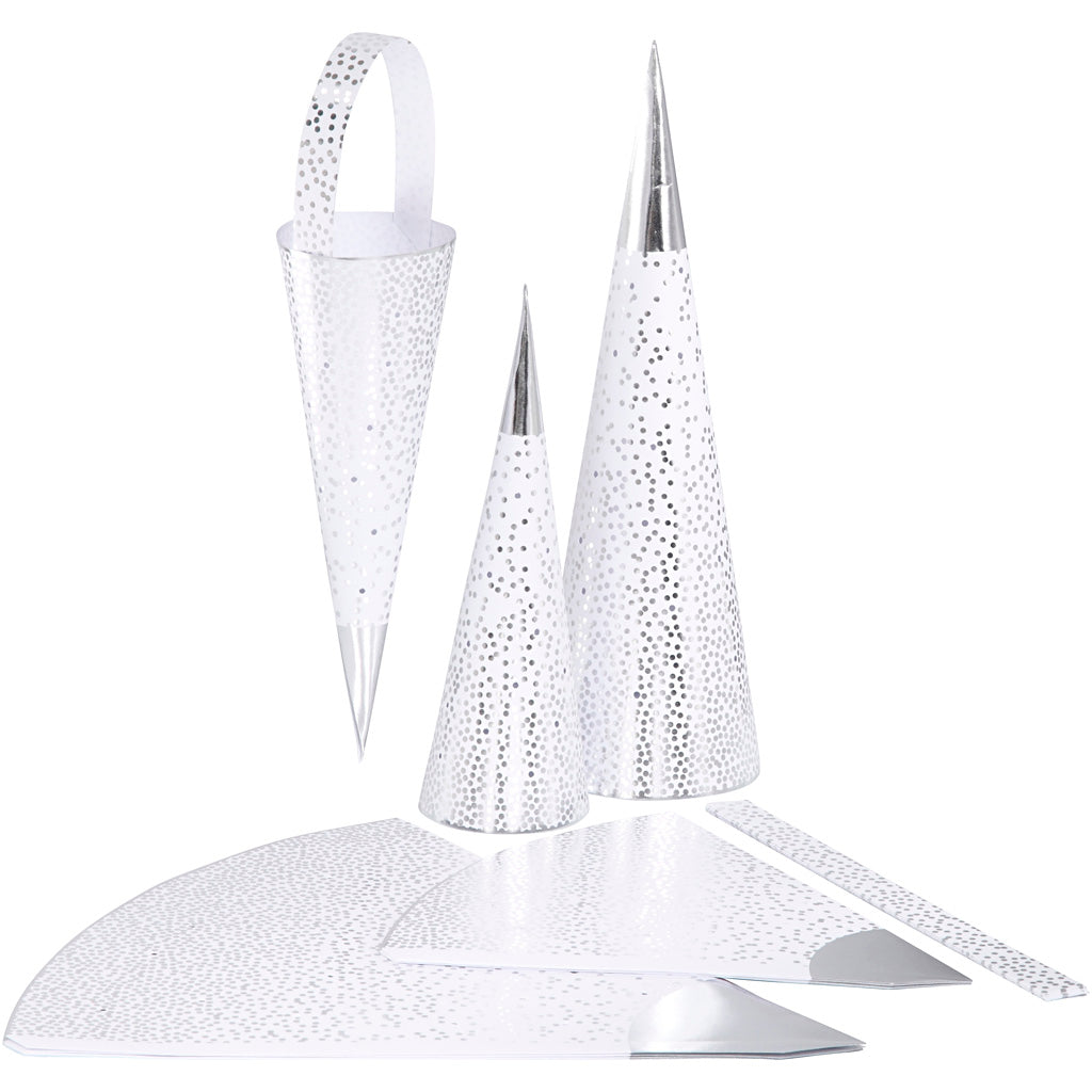 Cones, H: 18+28 cm, 120 g, silver, white