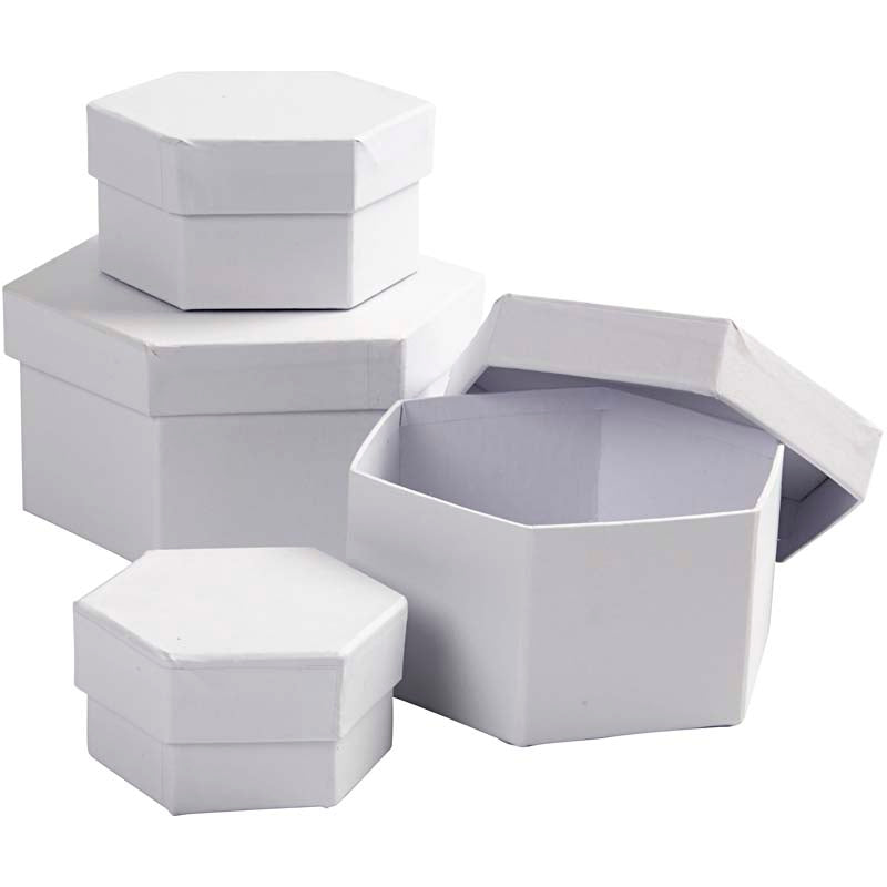 Hexagonal Boxes, H: 4+5+6+7 cm, dia. 6,5+8+10+12 cm, white, 4 pc/ 1 set