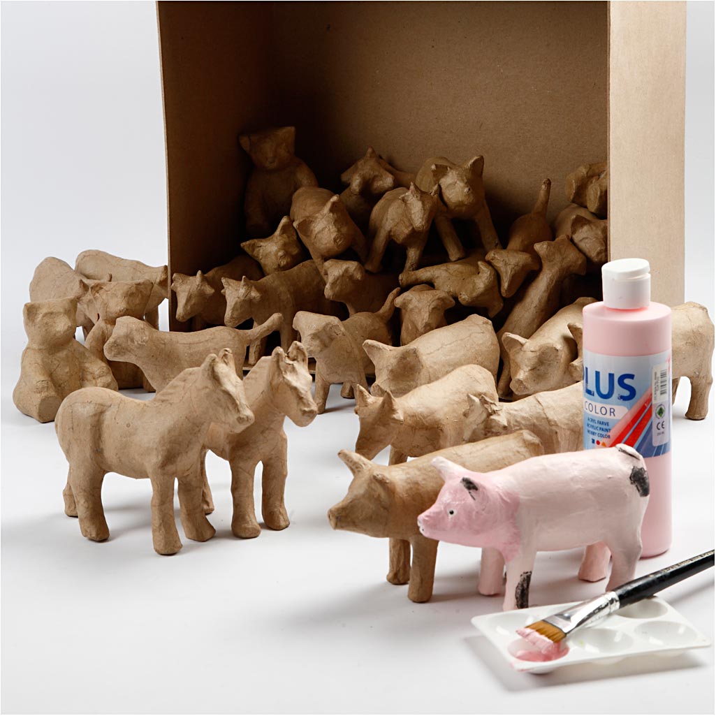 Minidjur av papier-maché, H: 8-12 cm, 60 st./ 1 förp. [HOB-26689]
