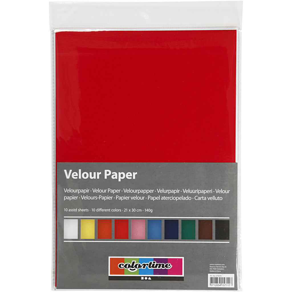 Velourpapper, A4, ark 210x297 mm, 140 g, mixade färger, 10 ark/ 1 förp. [HOB-270690]